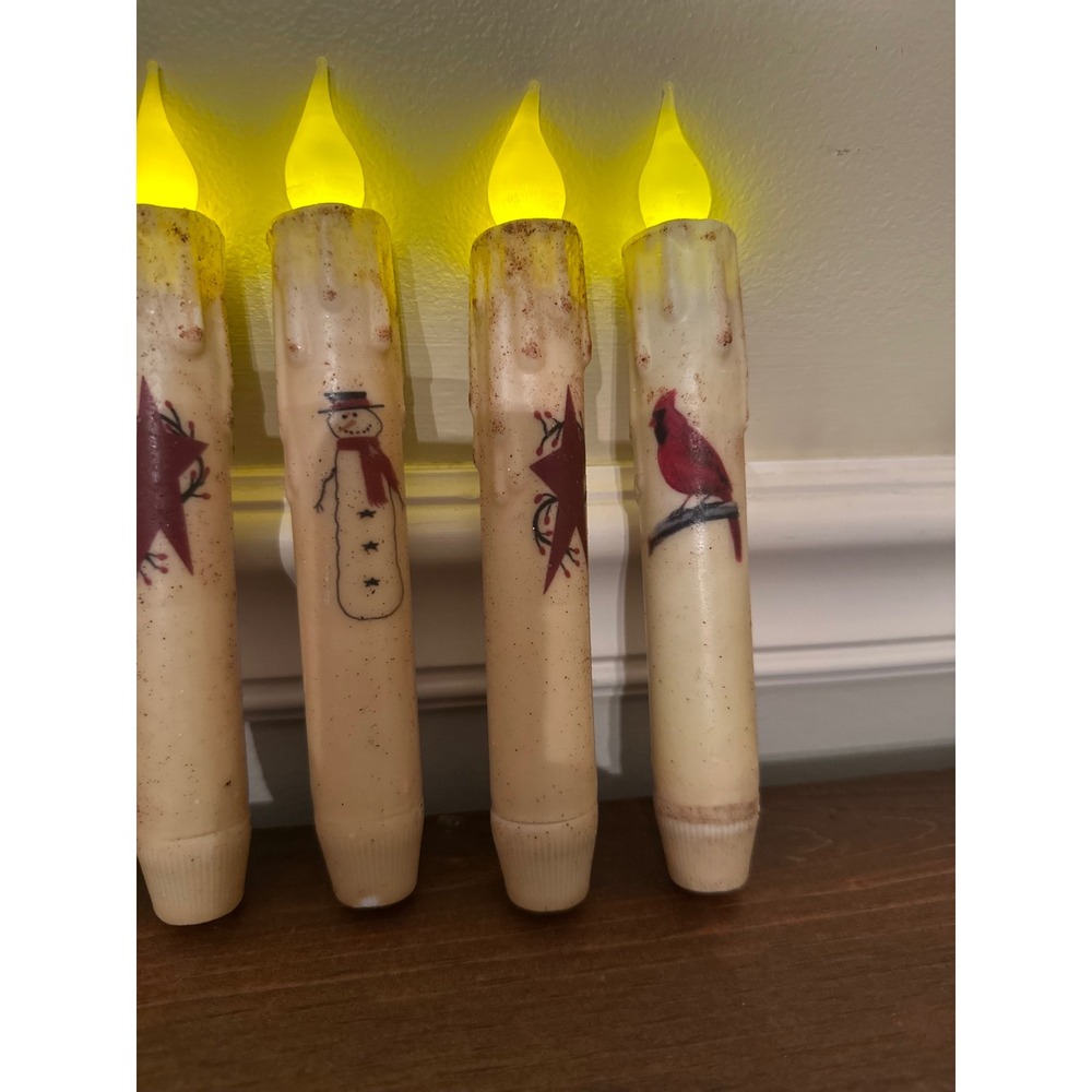 Set of 6 Primitive LED Window Taper Candles Snowman Star Cardinal Holiday Decor - Picture 3 of 5